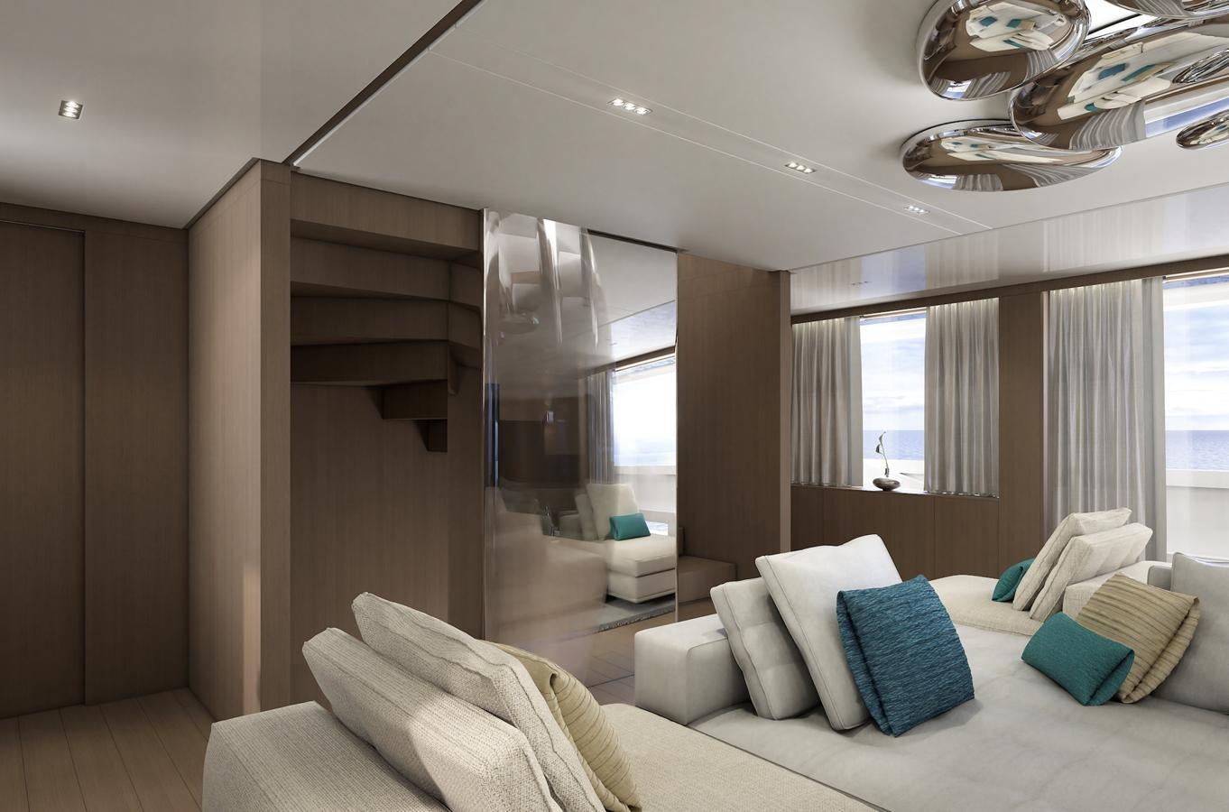a room with a bed and a ceiling fan aboard X370 Yacht for Sale