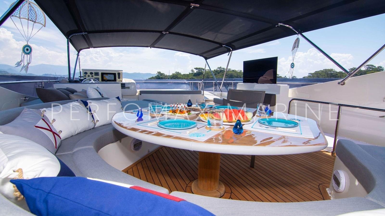 a table with plates and cups on it aboard F78 Yacht for Sale