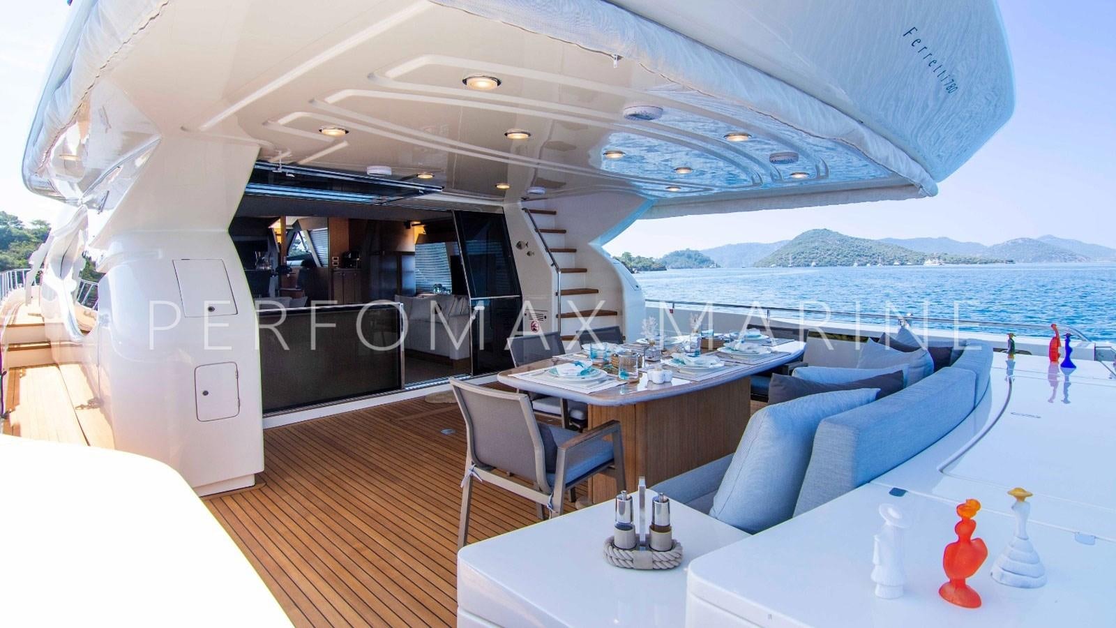 a room with a table chairs and a view of the ocean aboard F78 Yacht for Sale