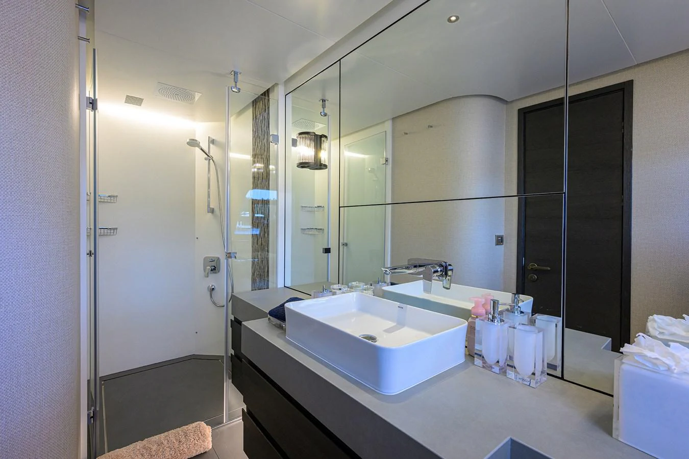 a bathroom with a sink and a shower aboard C3 Yacht for Sale