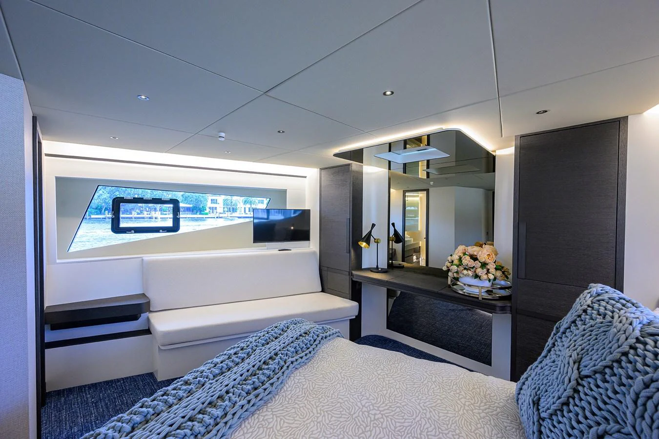 a modern looking living room aboard C3 Yacht for Sale