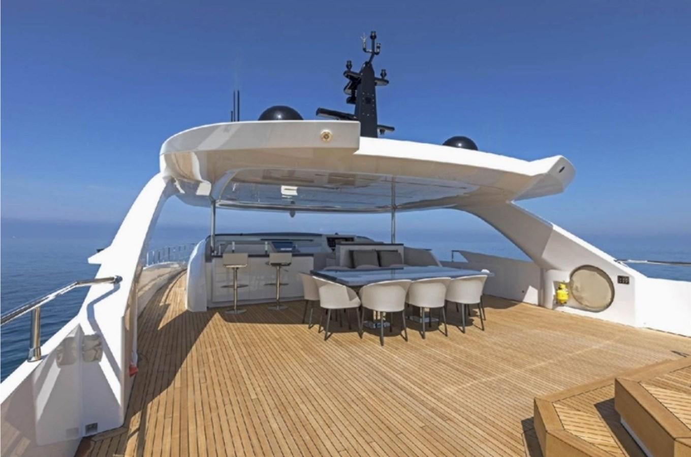 a large white yacht with a camera on the front aboard EDEN Yacht for Sale