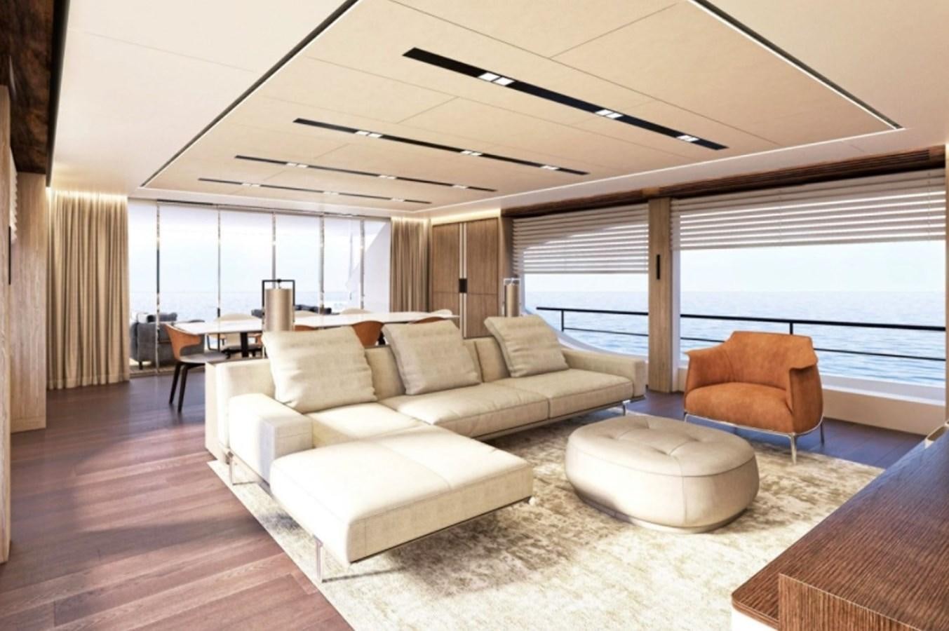 a living room with a large window aboard EDEN Yacht for Sale
