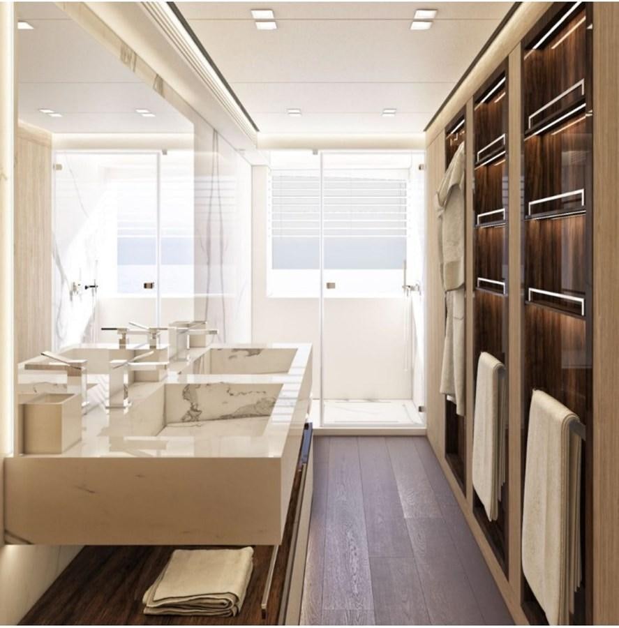 a bathroom with a large countertop aboard EDEN Yacht for Sale