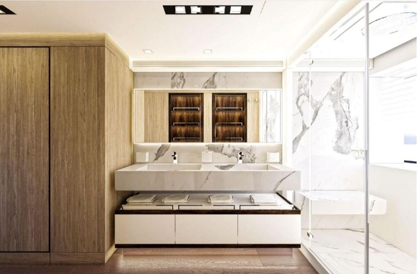 a kitchen with a large wooden cabinet aboard EDEN Yacht for Sale