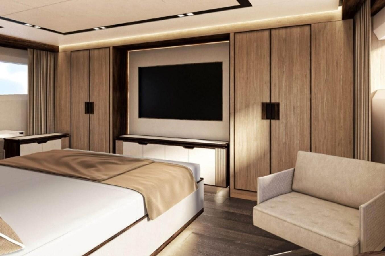 a room with a bed and a television aboard EDEN Yacht for Sale