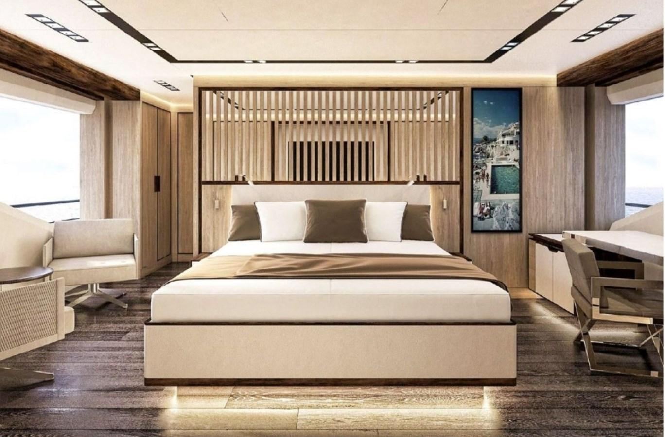a large bed in a room aboard EDEN Yacht for Sale