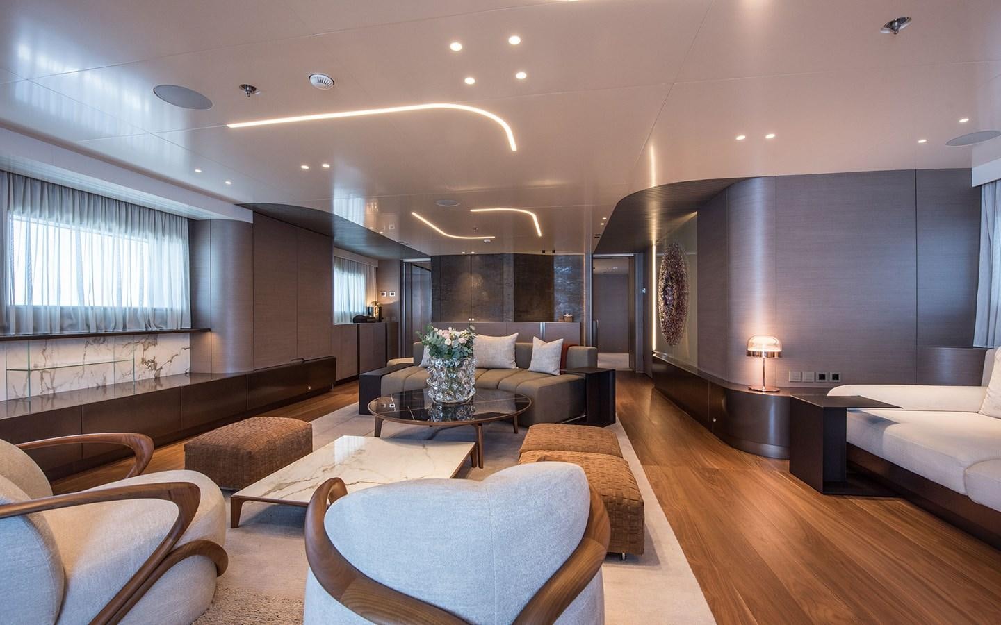 a living room with a large window aboard FLORENTIA Yacht for Sale