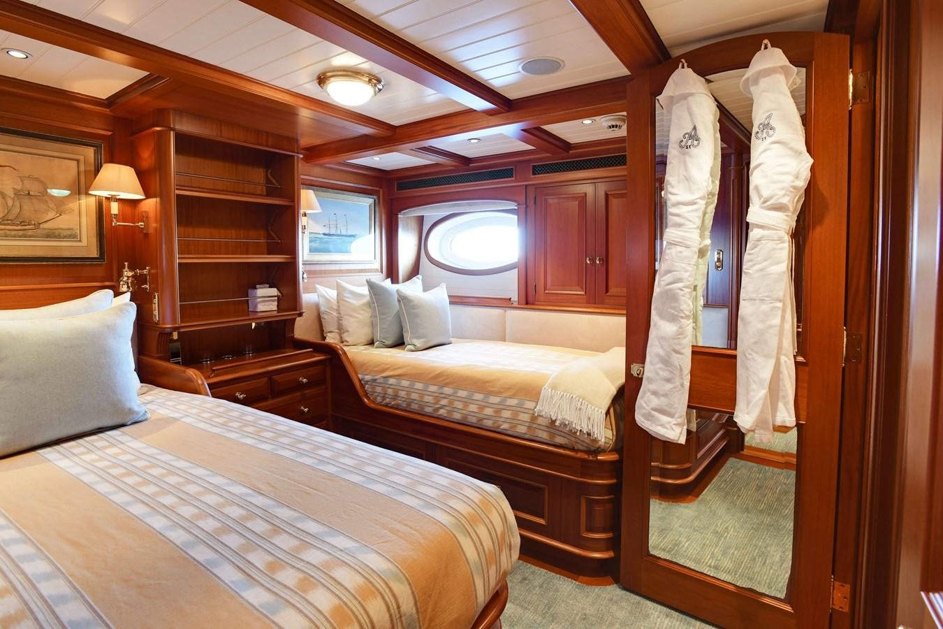 a room with two beds aboard ANNE Yacht for Sale