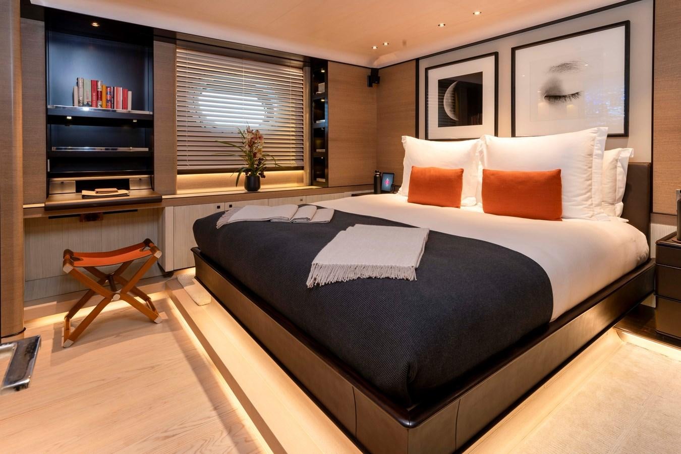 a bed with pillows aboard ASAHI Yacht for Sale