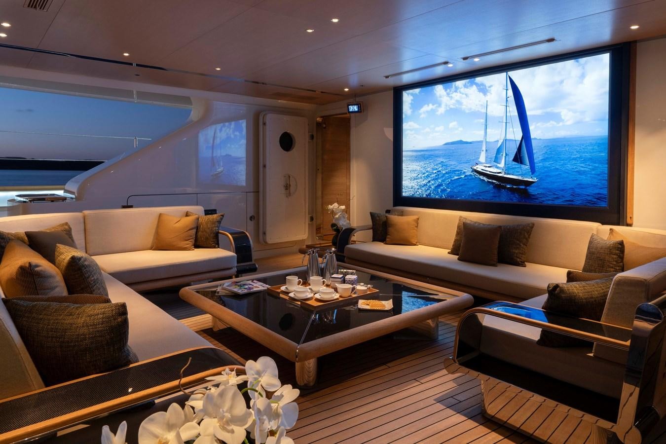 a living room with a large window aboard ASAHI Yacht for Sale