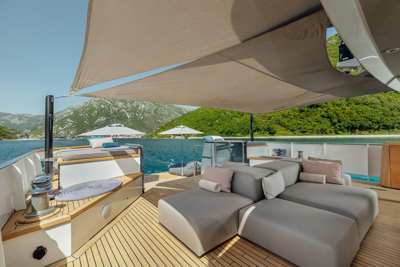 a living room with a large tent aboard ZULU Yacht for Sale