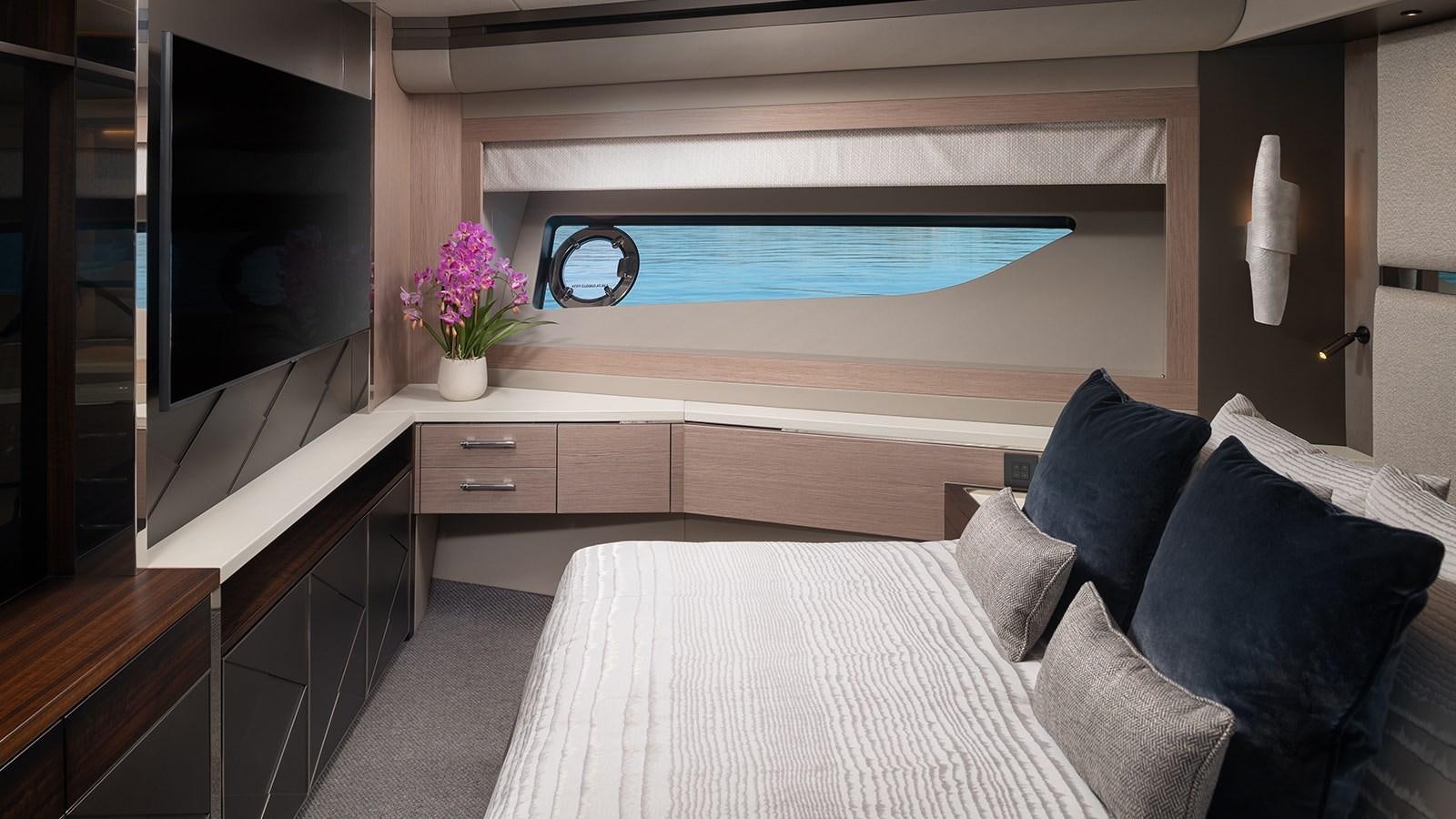 a bed in a room aboard MOWANA Yacht for Sale