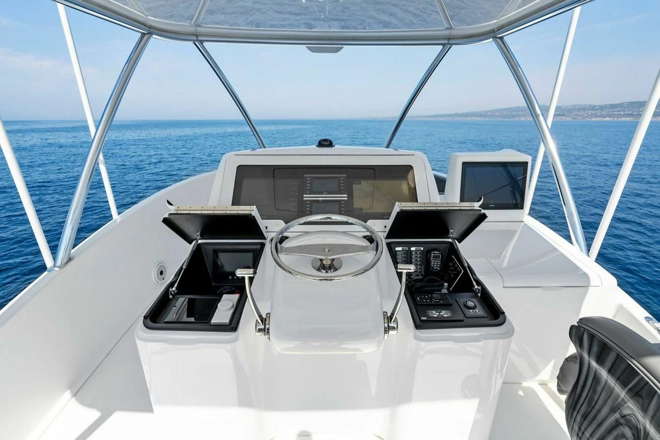 the front of a boat aboard TEAM MAYHEM Yacht for Sale