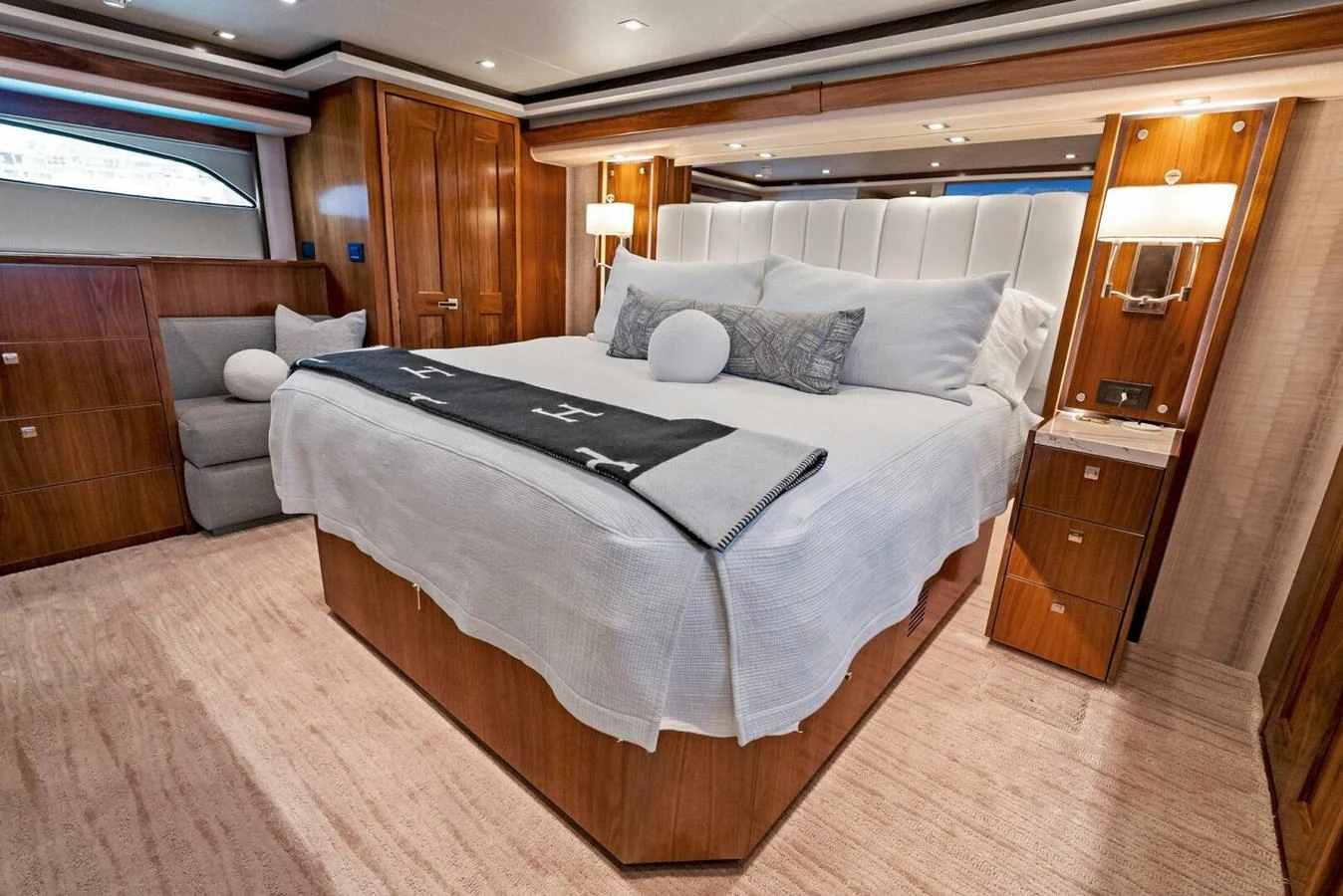 a bed in a room aboard TEAM MAYHEM Yacht for Sale