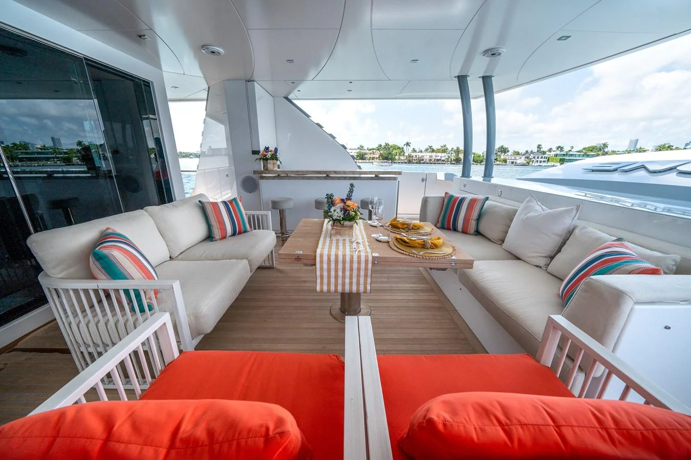 a living room with a large window aboard DAY ONE Yacht for Sale