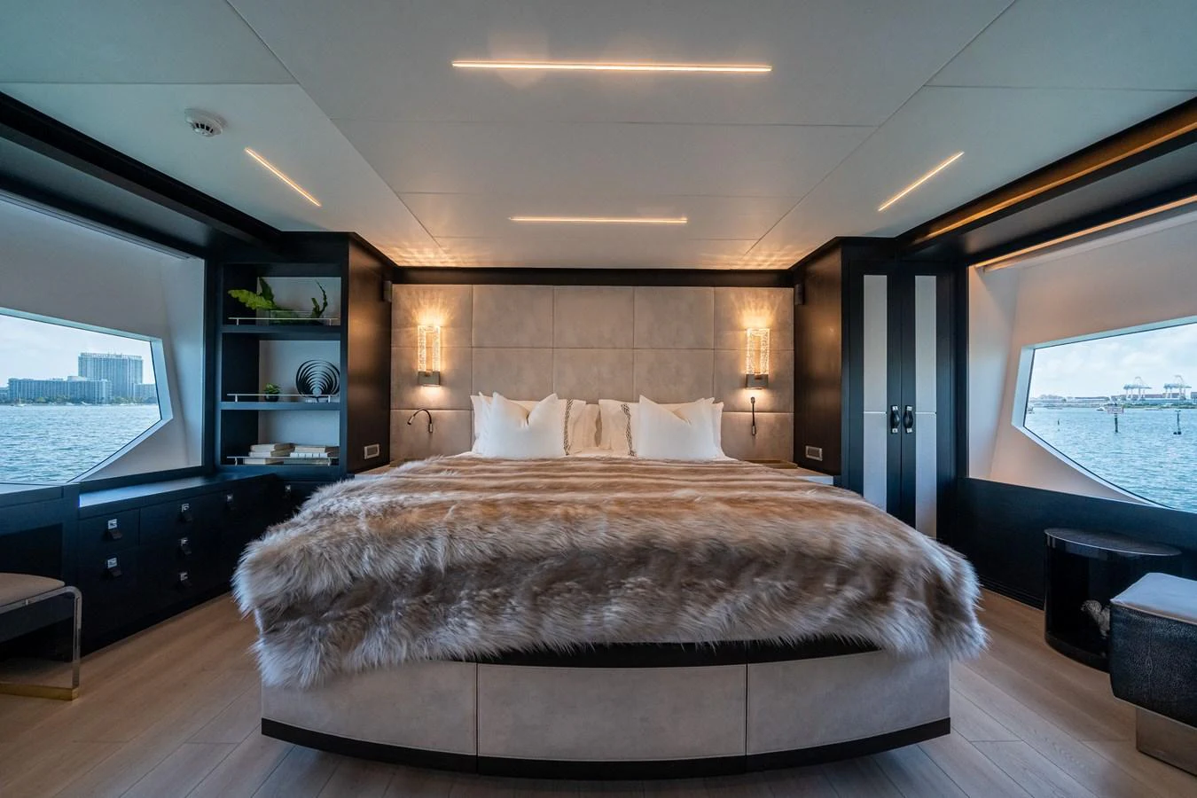 a large bed in a room aboard DAY ONE Yacht for Sale