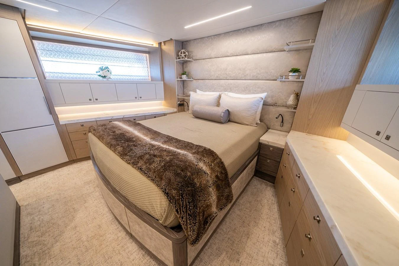 a bed in a room aboard DAY ONE Yacht for Sale