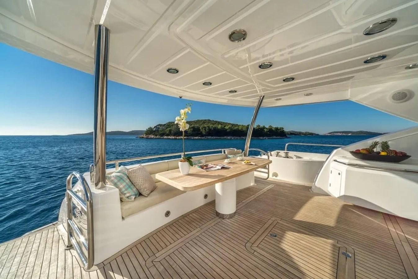 a boat with a table and chairs aboard SUNSEEKER 84 Yacht for Sale