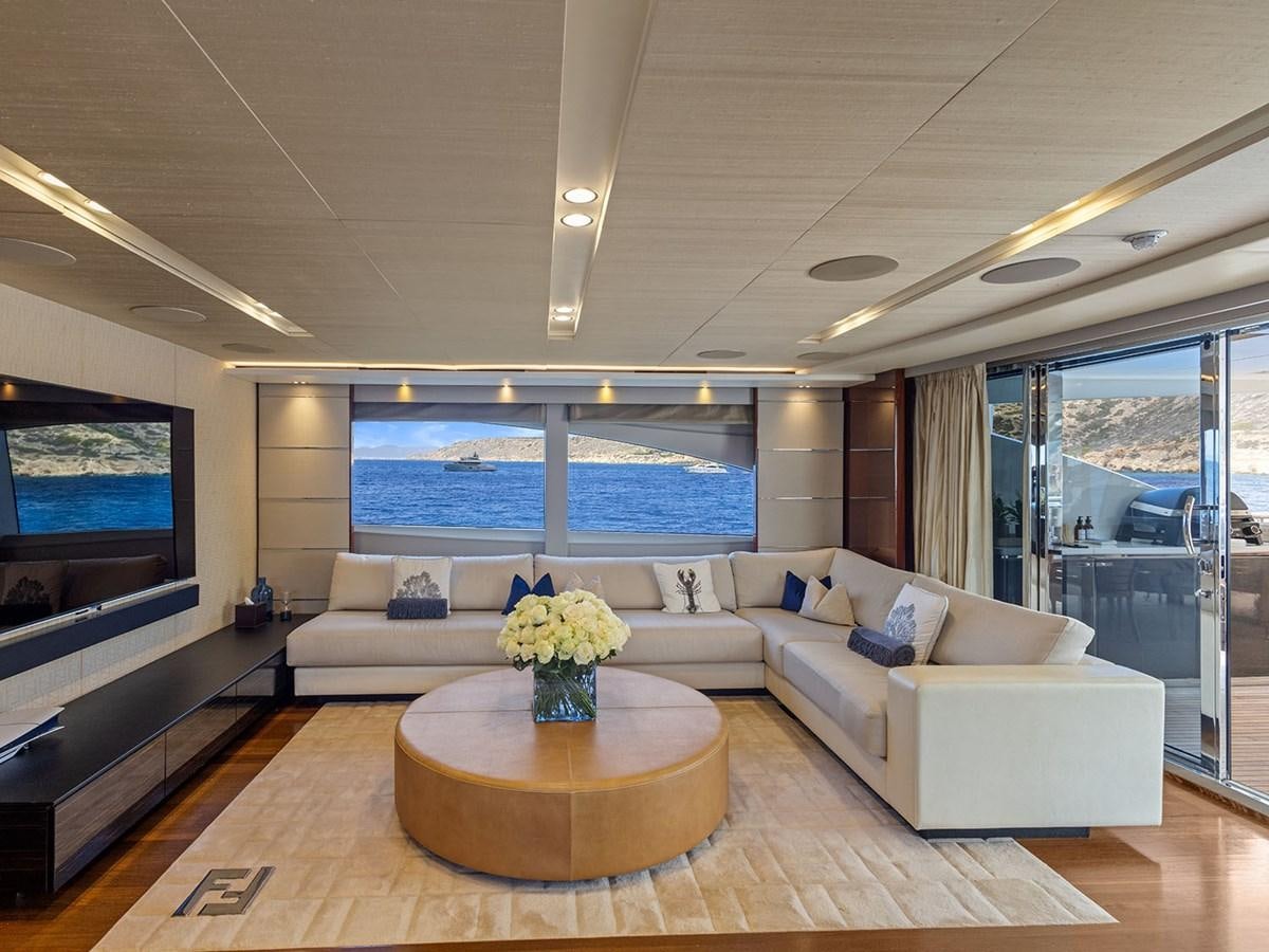 a living room with a large screen aboard ACE 2 Yacht for Sale
