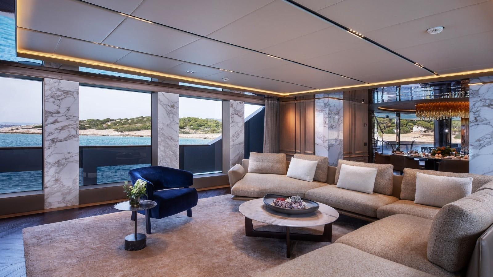 a living room with a large window aboard GECO Yacht for Sale