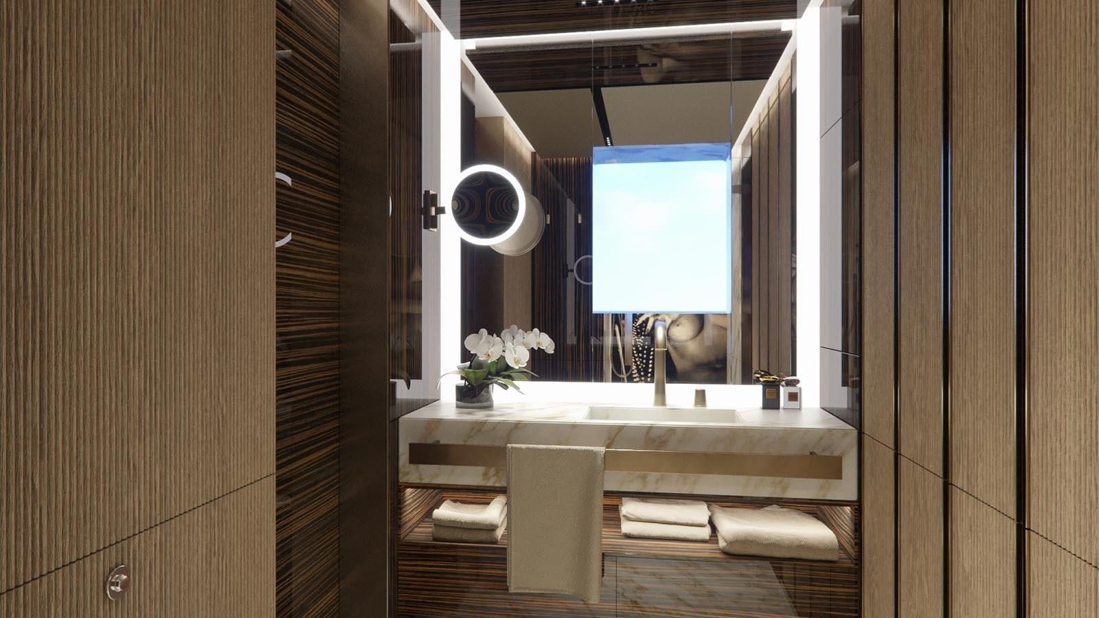 a bathroom with a bathtub and a mirror aboard GECO Yacht for Sale