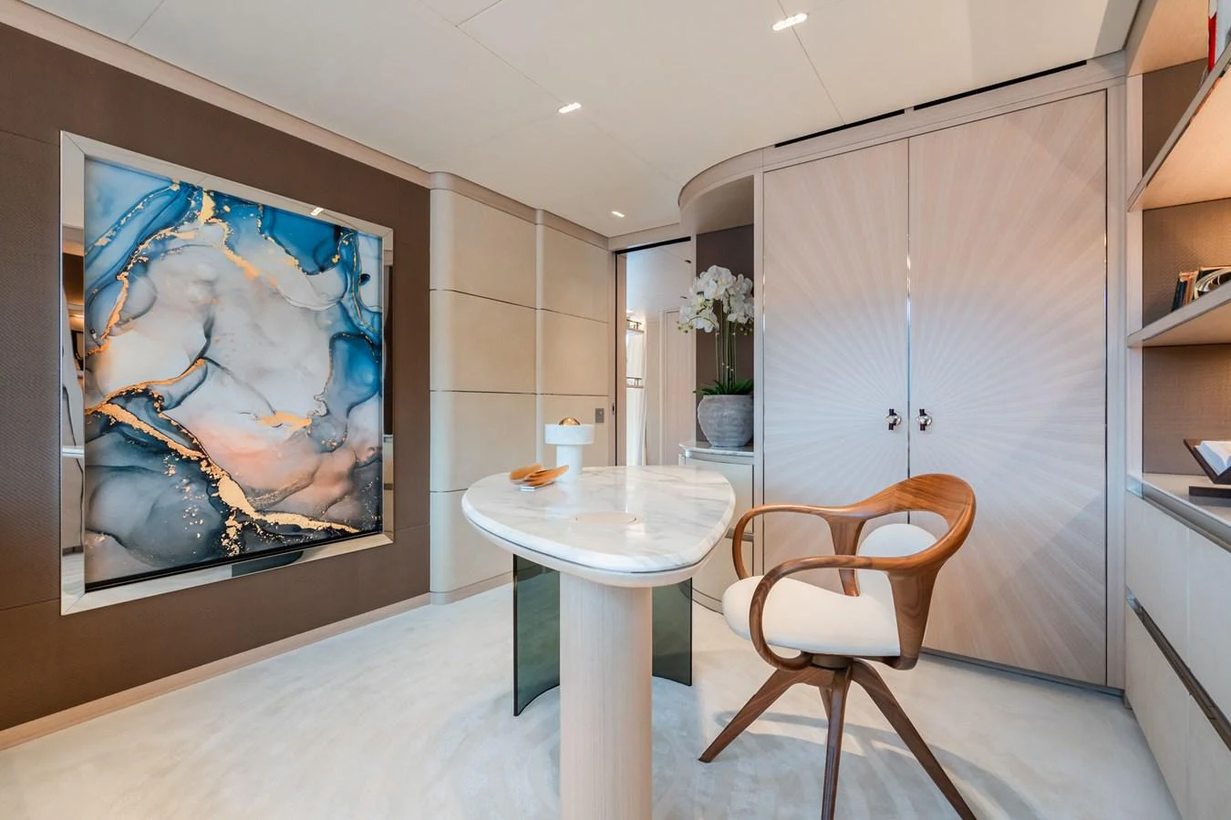 a room with a table and chairs aboard M Yacht for Sale