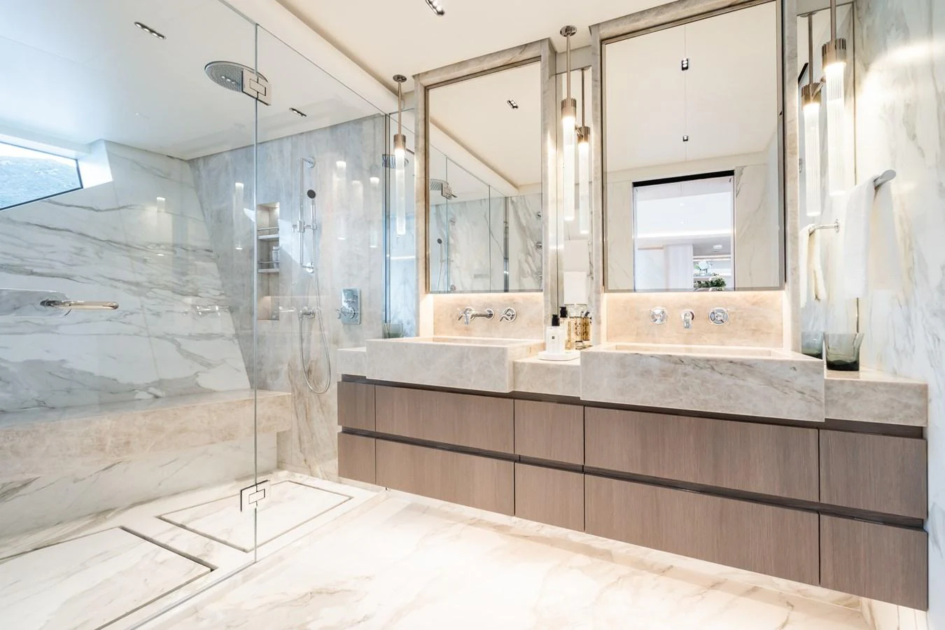a bathroom with a shower aboard M Yacht for Sale