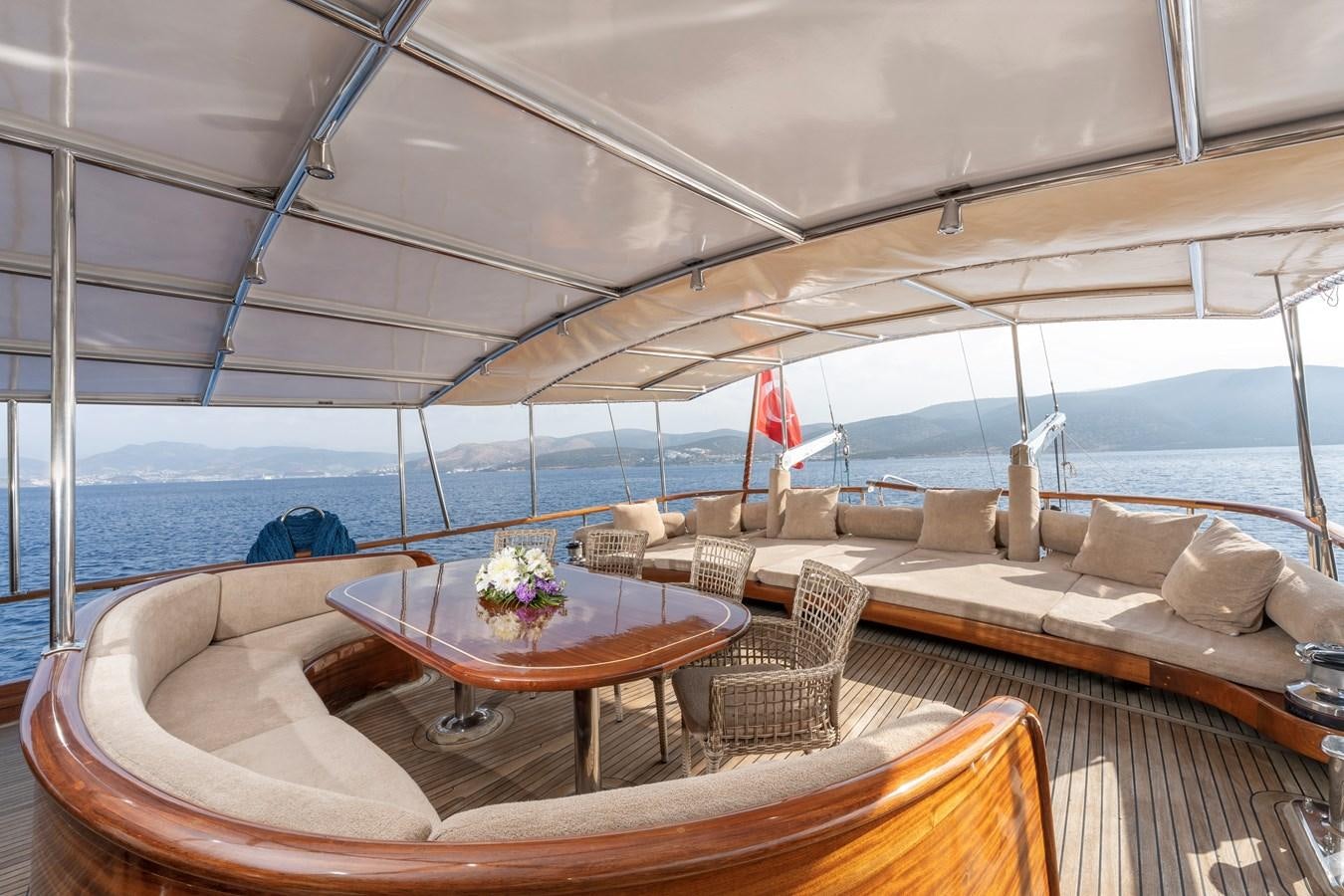 a table on a boat aboard L'ORIENT Yacht for Sale