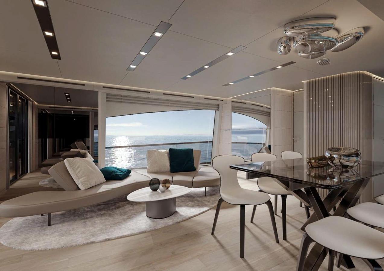 a modern looking living room with a large window aboard AB80 Yacht for Sale