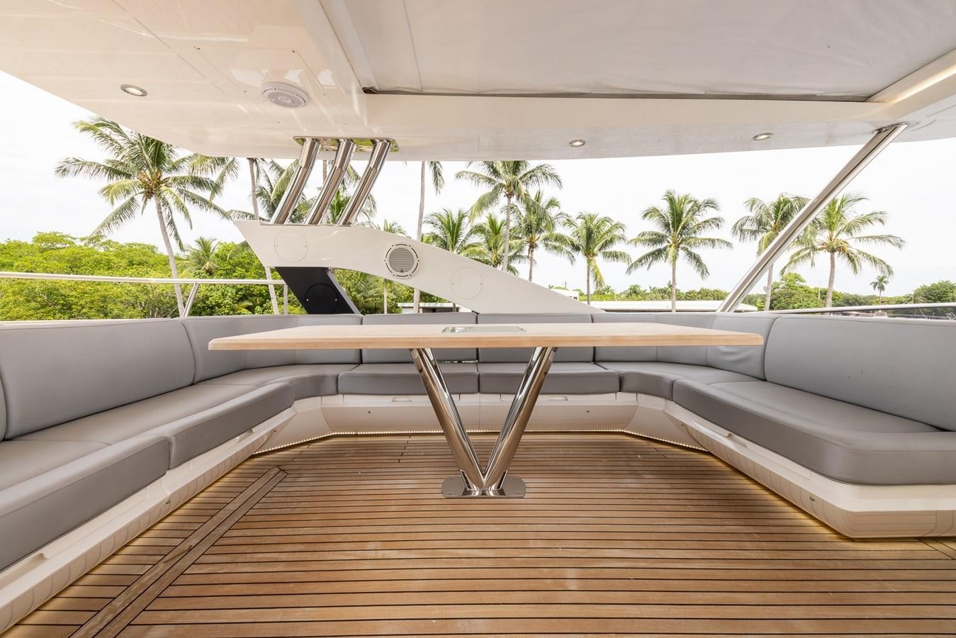 a wooden deck with a railing aboard 2018 SUNSEEKER 75 YACHT Yacht for Sale