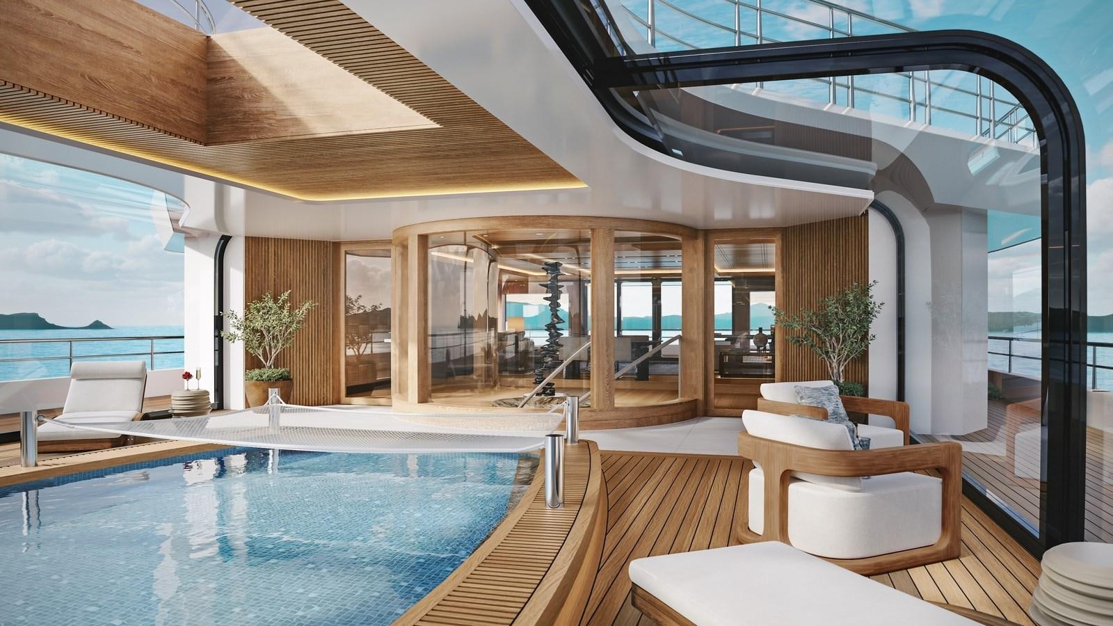 a large modern house with a pool aboard PROJECT RAPTOR Yacht for Sale
