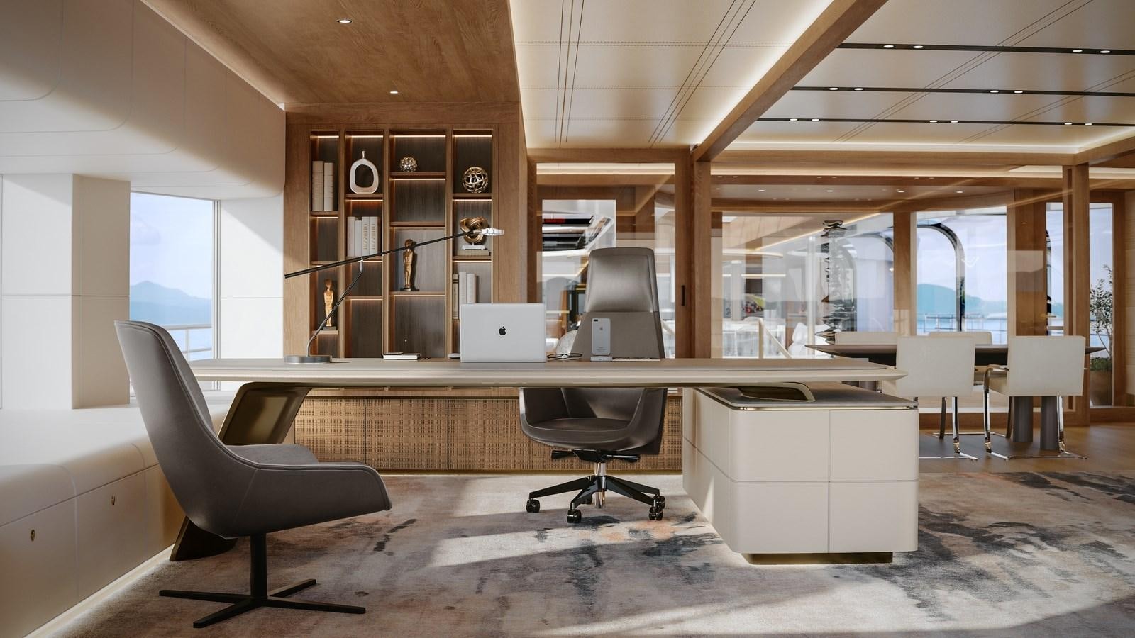 a room with chairs and tables aboard PROJECT RAPTOR Yacht for Sale