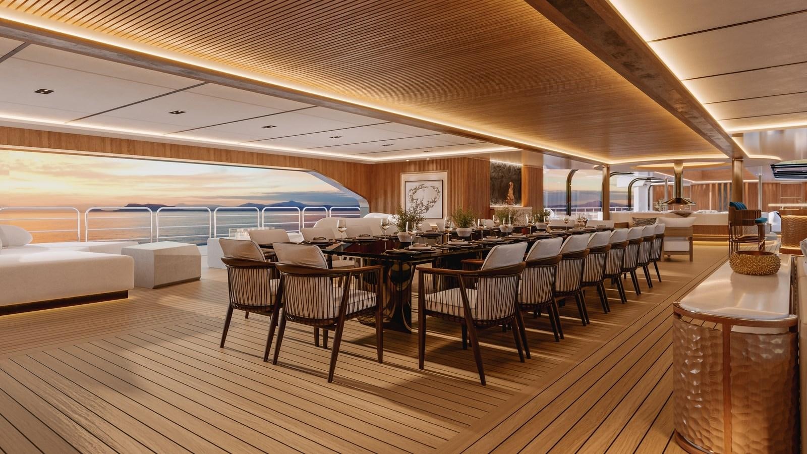a large room with tables and chairs aboard PROJECT RAPTOR Yacht for Sale