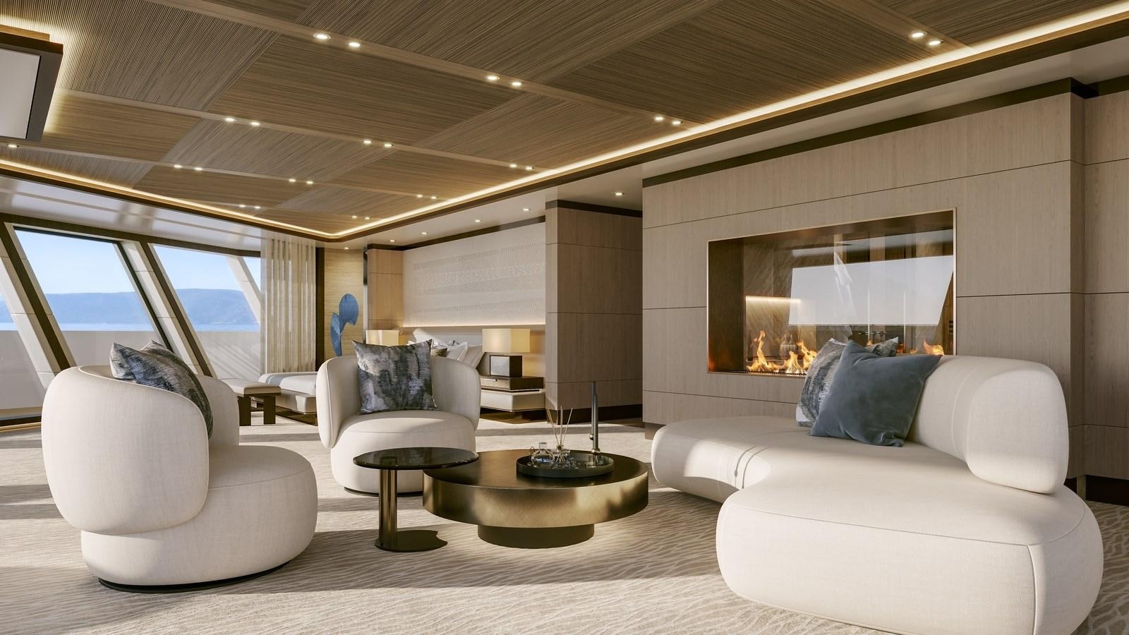 a room with white couches and a table aboard PROJECT RAPTOR Yacht for Sale