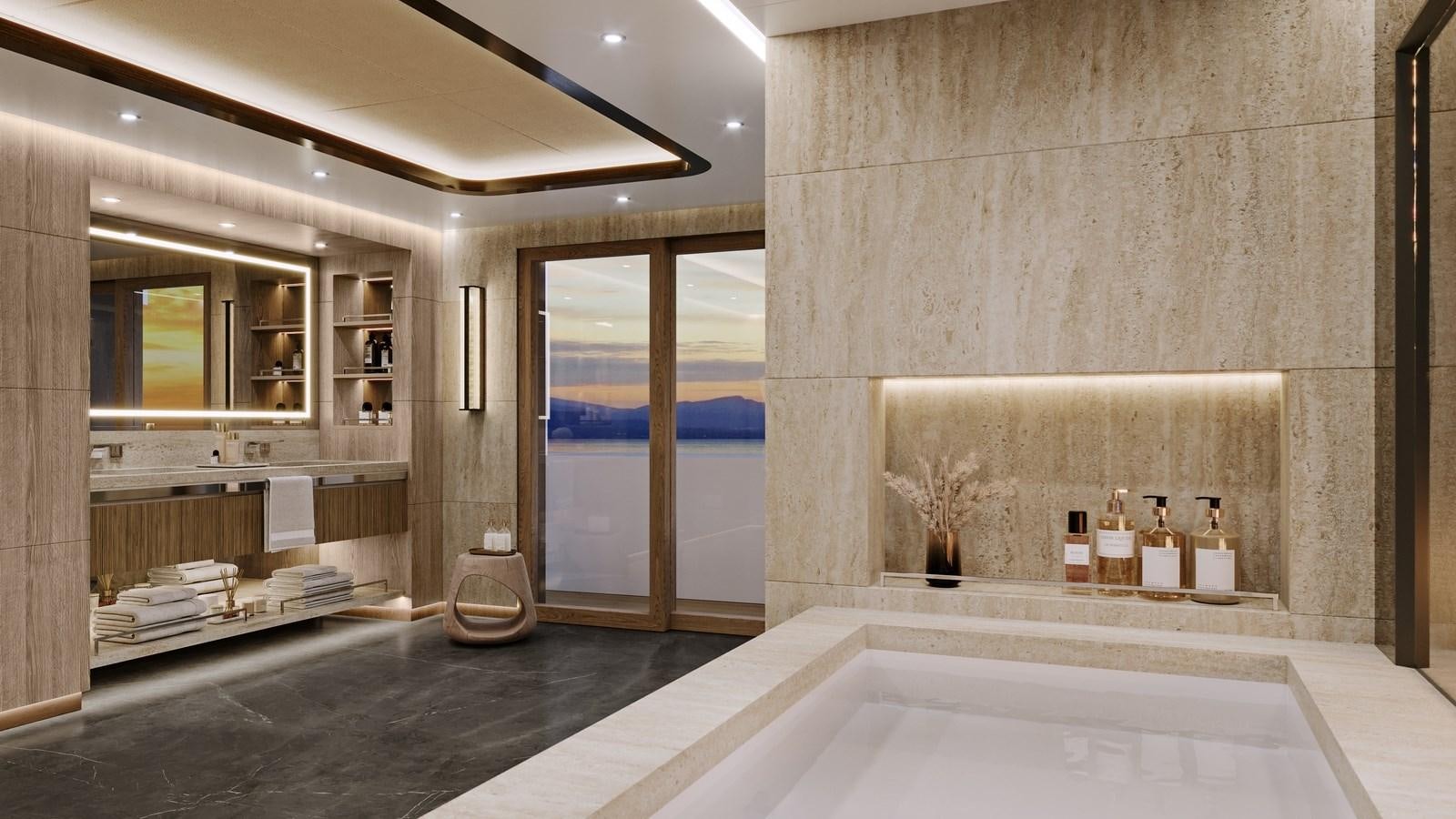 a large bathroom with a large bathtub aboard PROJECT RAPTOR Yacht for Sale