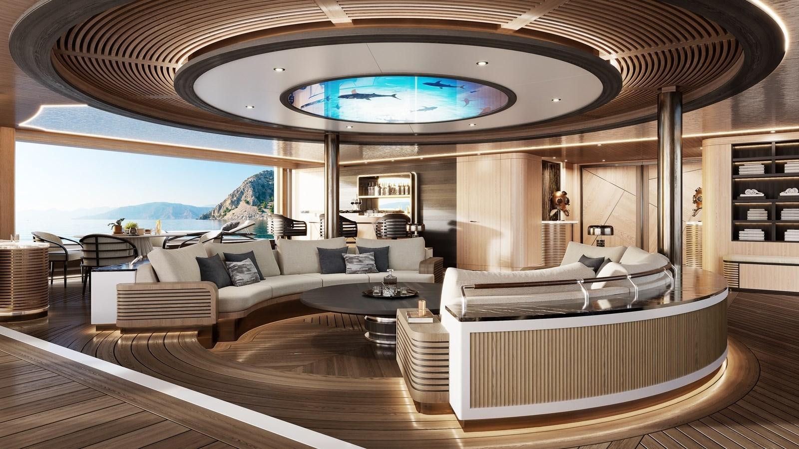 a large living room with a large window aboard PROJECT RAPTOR Yacht for Sale