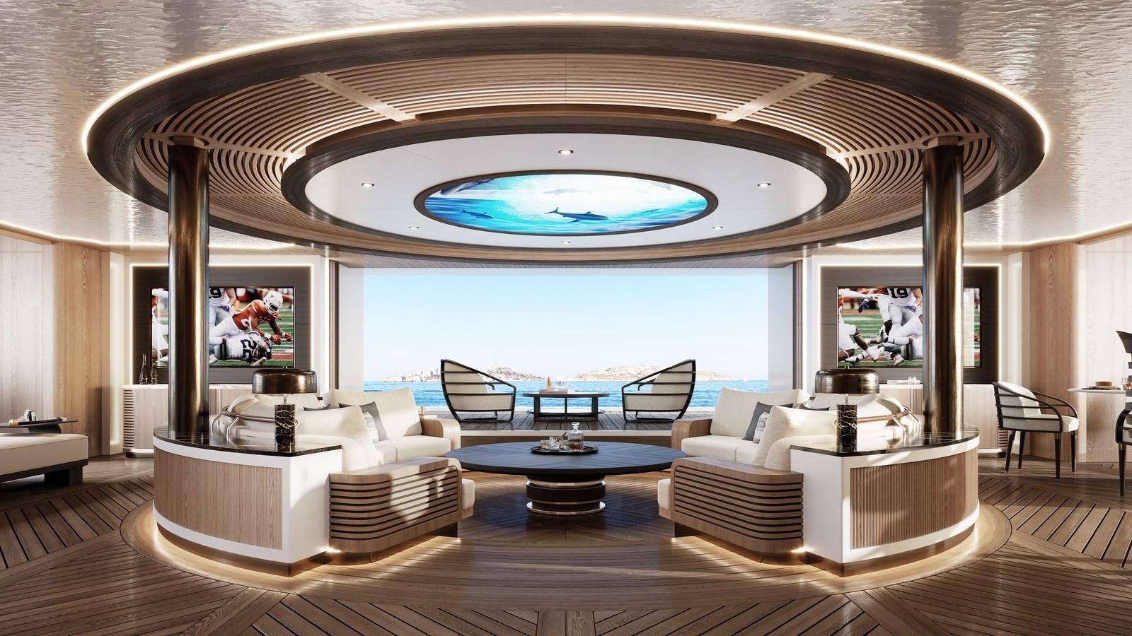 a large room with a large swimming pool and a large glass window aboard PROJECT RAPTOR Yacht for Sale