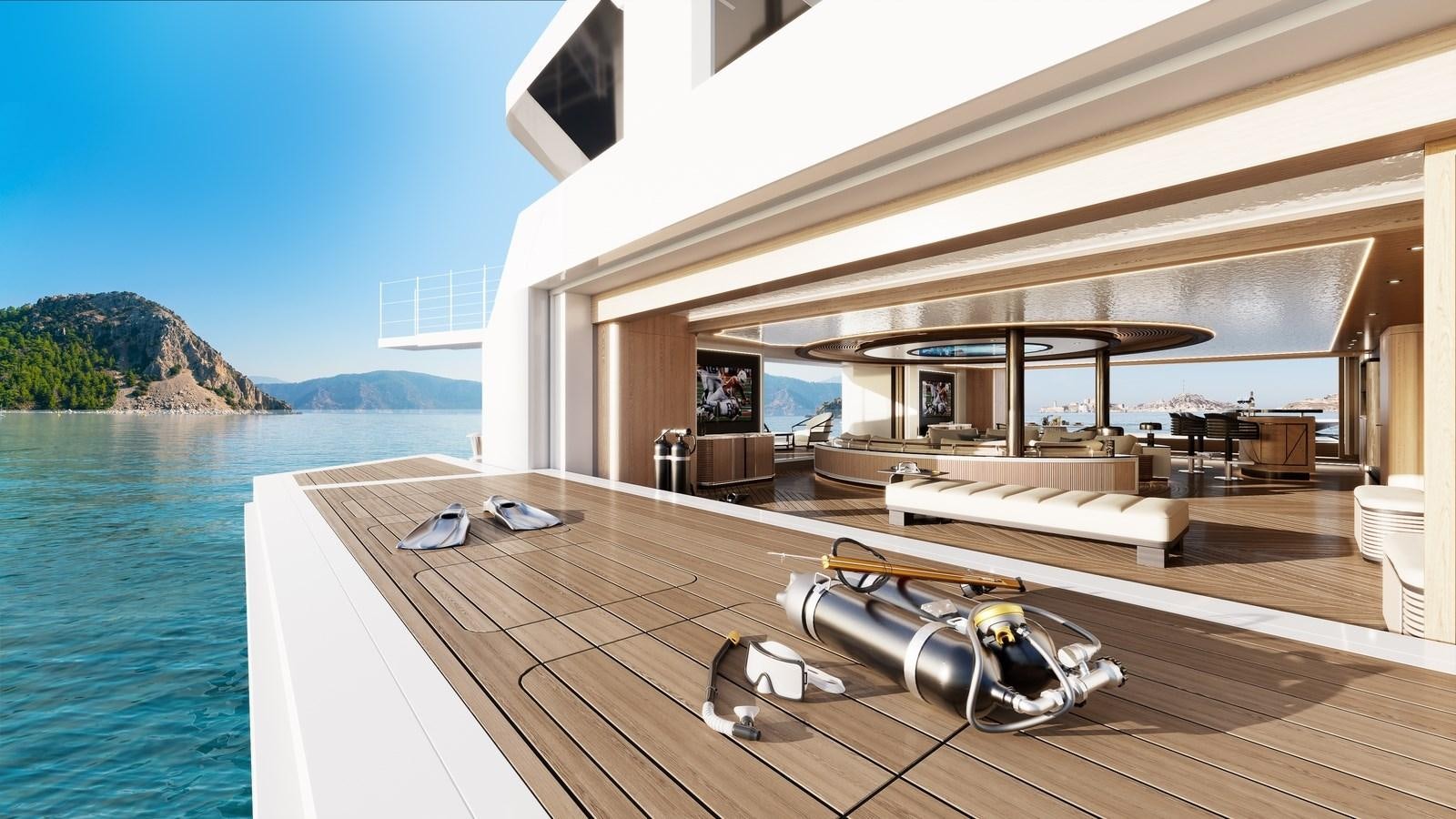 a room with a pool and a deck with a view of the water aboard PROJECT RAPTOR Yacht for Sale