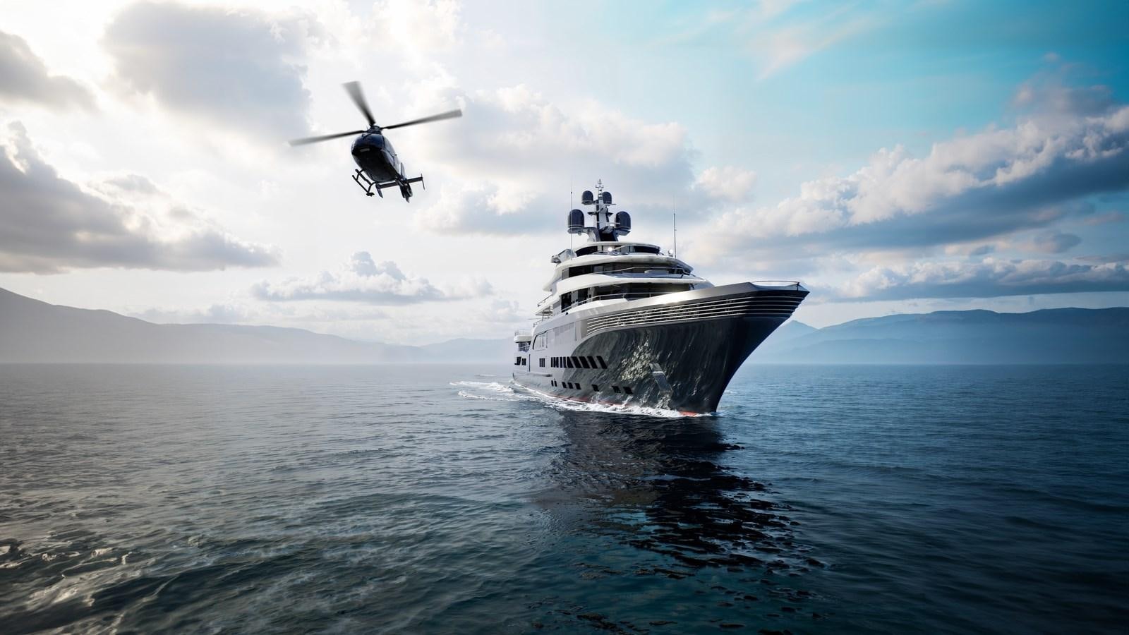 a helicopter flying over a boat in the water aboard PROJECT RAPTOR Yacht for Sale