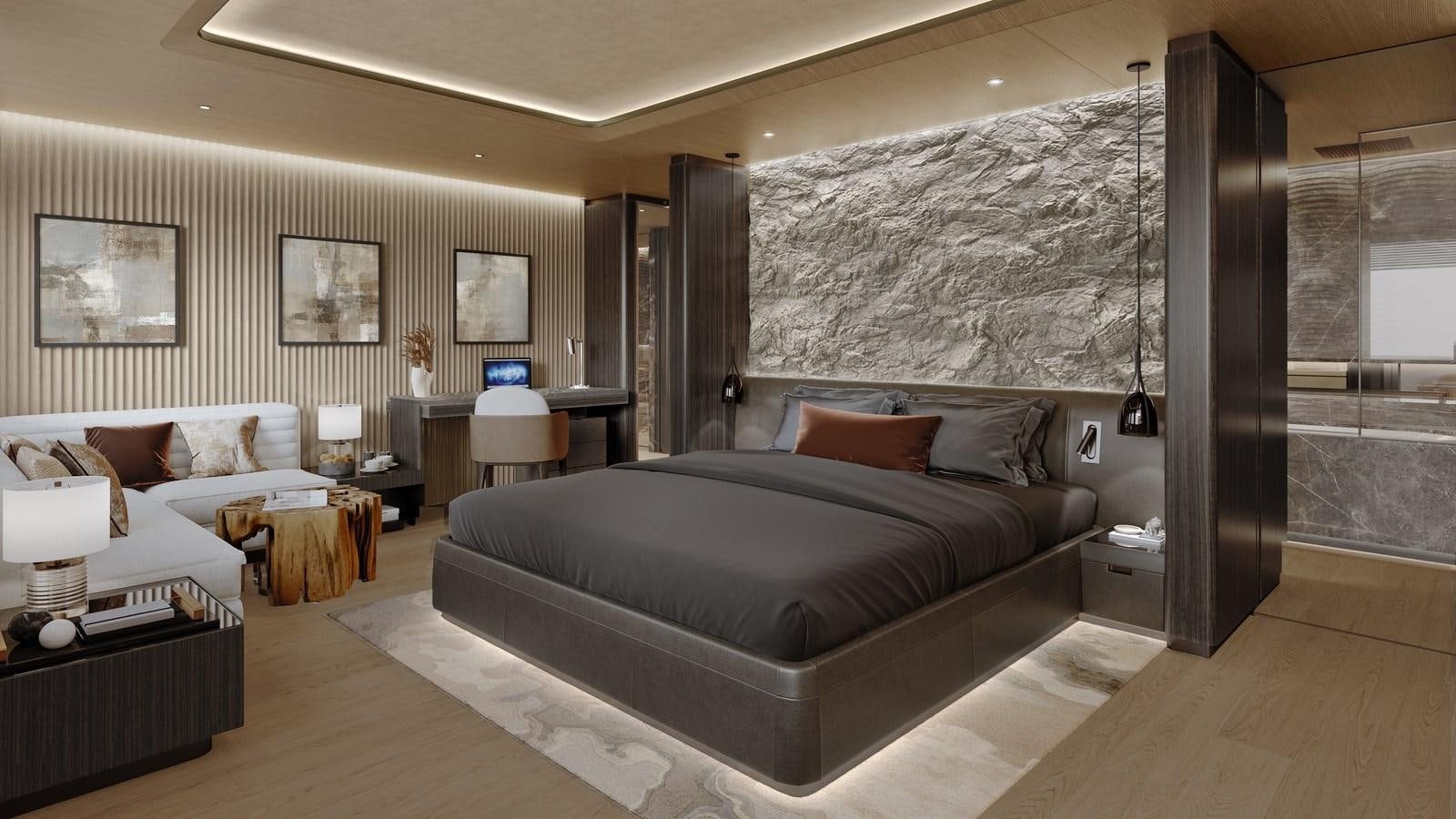 a large bedroom with a large bed aboard PROJECT RAPTOR Yacht for Sale