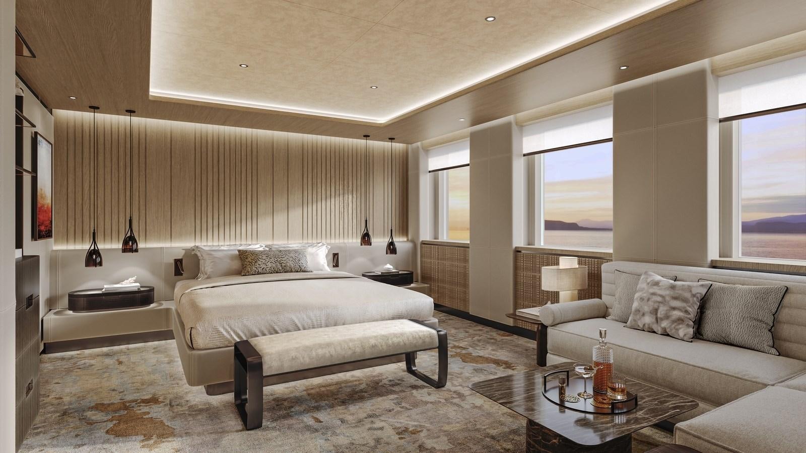 a large bedroom with a bed and a glass coffee table aboard PROJECT RAPTOR Yacht for Sale