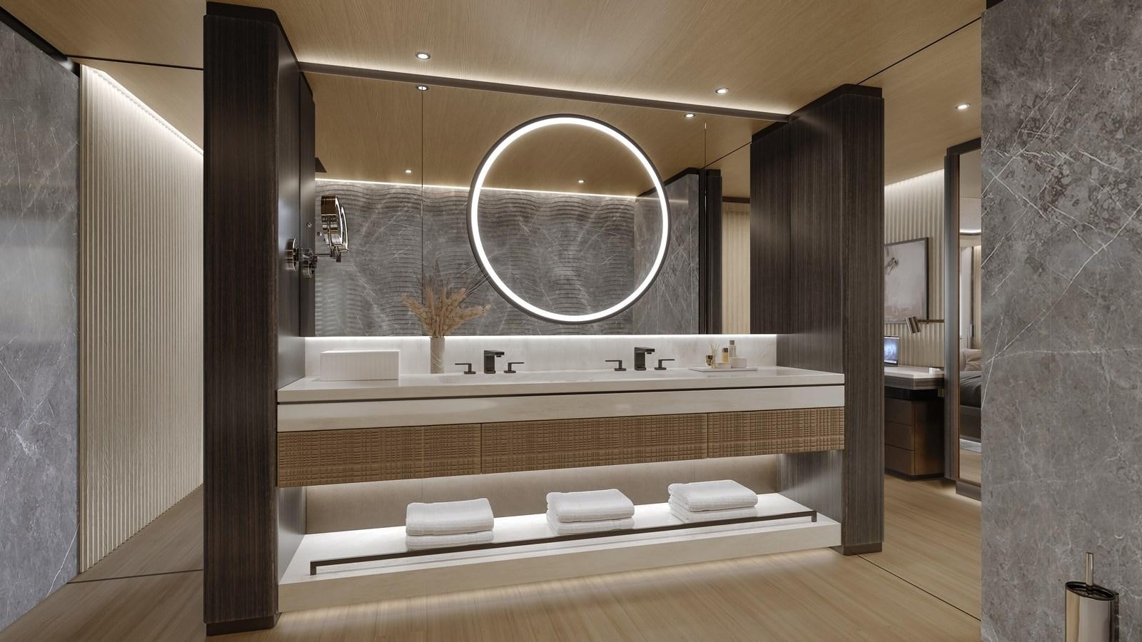 a bathroom with a large mirror aboard PROJECT RAPTOR Yacht for Sale