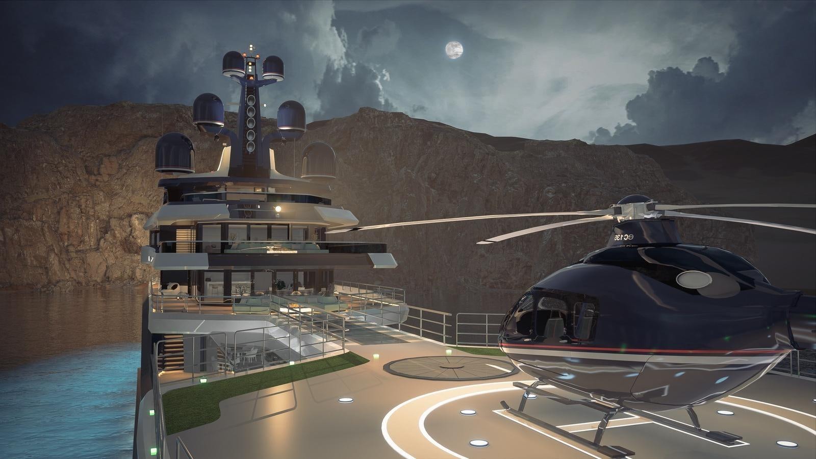 a helicopter flying over a ship aboard PROJECT RAPTOR Yacht for Sale