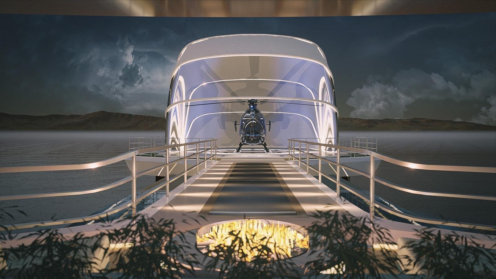 a large building with a staircase aboard PROJECT RAPTOR Yacht for Sale