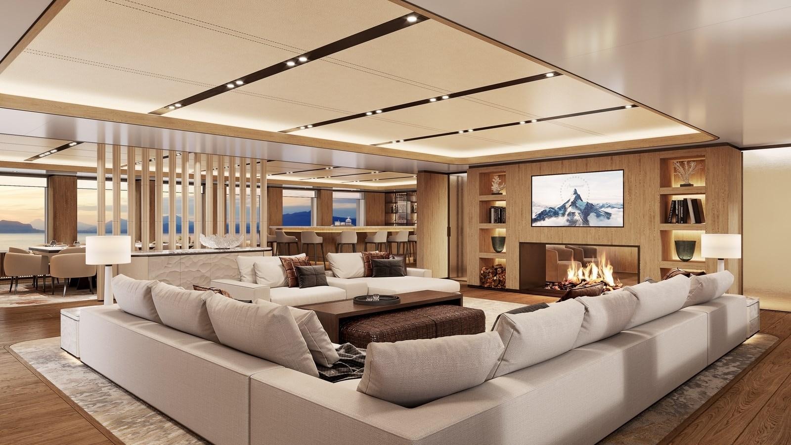 a large living room with a large fireplace aboard PROJECT RAPTOR Yacht for Sale