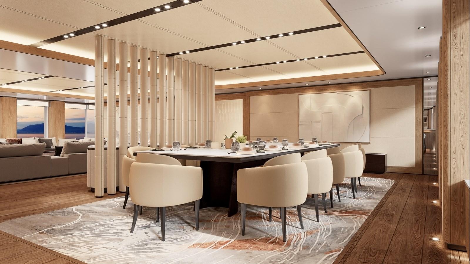 a room with a table and chairs aboard PROJECT RAPTOR Yacht for Sale