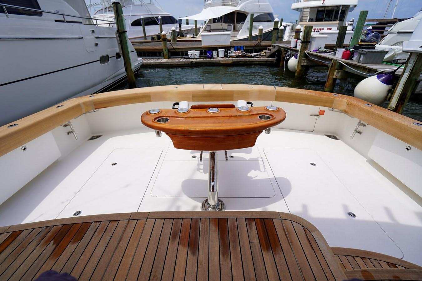 a wooden table on a boat aboard BENEDETTA Yacht for Sale