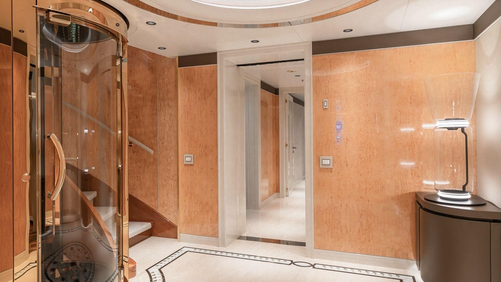 a room with a glass shower unit aboard AELIA Yacht for Sale