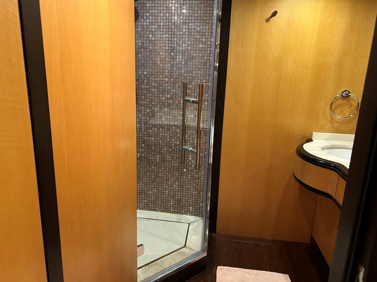 a bathroom with a shower aboard WHISPER Yacht for Sale
